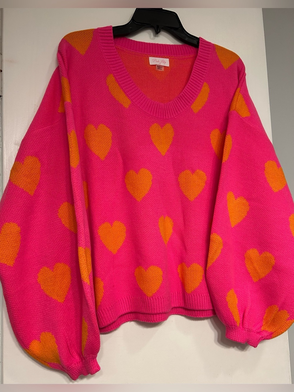 Pink Lily Hot Pink Knit Sweater with Orange Heart Pattern